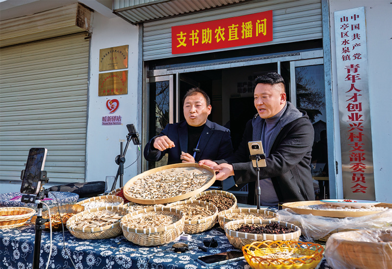 近年来,各地加强干部实践锻炼,组织党员干部在急难险重一线担当作为,提高推动高质量发展和服务群众本领。图为2025年12月29日,在山东省枣庄市“支书助农直播间”活动中,党支部书记直播销售当地土特产品,助力乡村振兴。